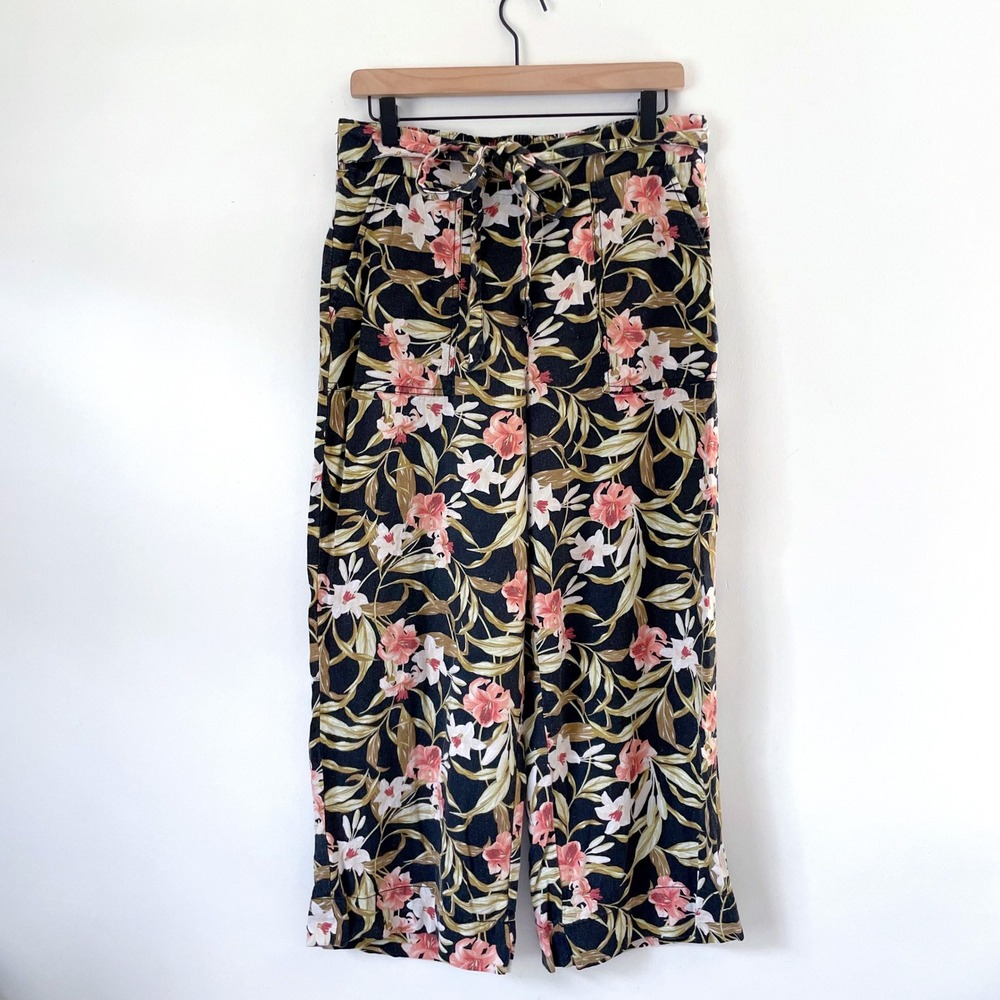 Kensie Floral Wide Leg Linen Blend Pants Medium Black Tropical Coastal Resort